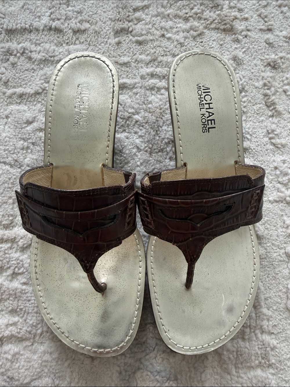 Michael Kors Dark Brown Croc-Embossed Leather Thong Sandals